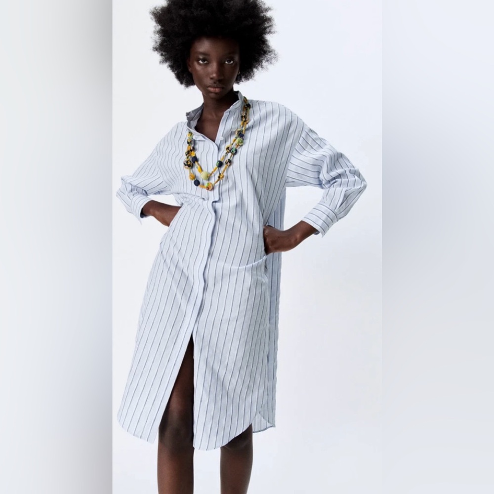 Zara Oversize blue and white striped Linen Blend Shirt / Dress XL